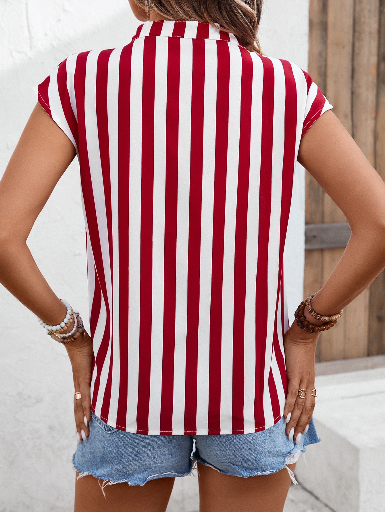 striped notched neck cap sleeve blouse
