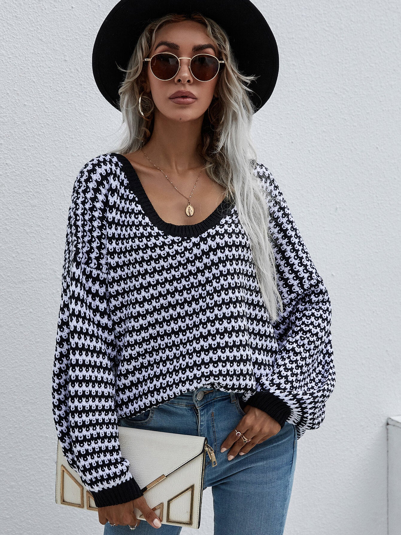 striped drop shoulder v-neck pullover sweater