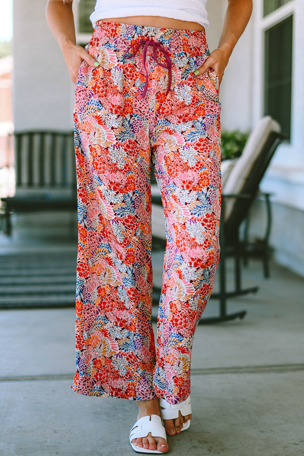 printed tie waist wide leg long pants