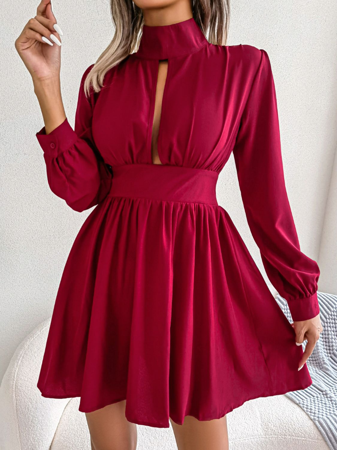 cutout turtleneck a-line mini dress