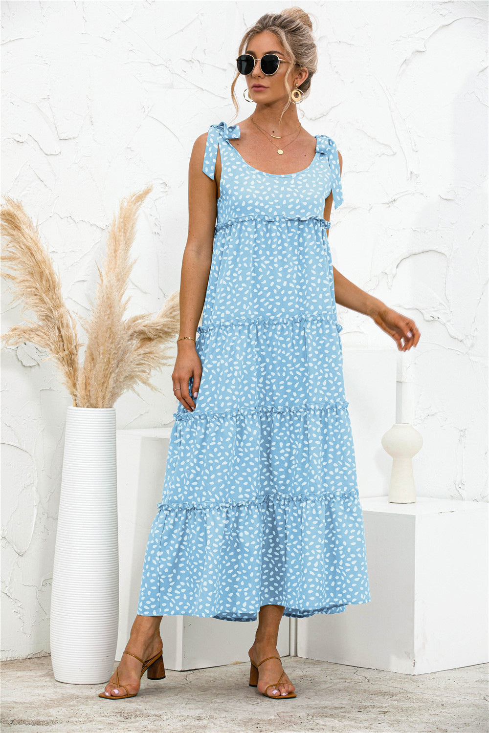 polka dot adjustable straps tiered dress