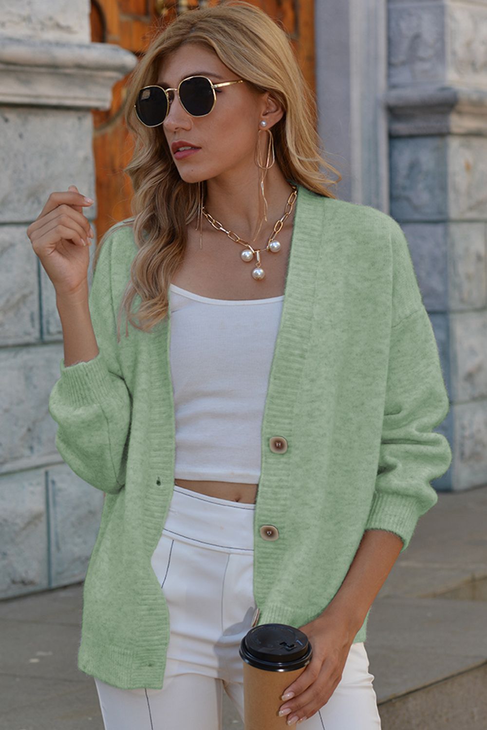 v-neck button-down dropped shoulder cardigan