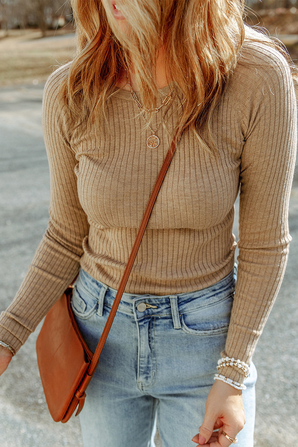 ribbed long sleeve round neck blouse