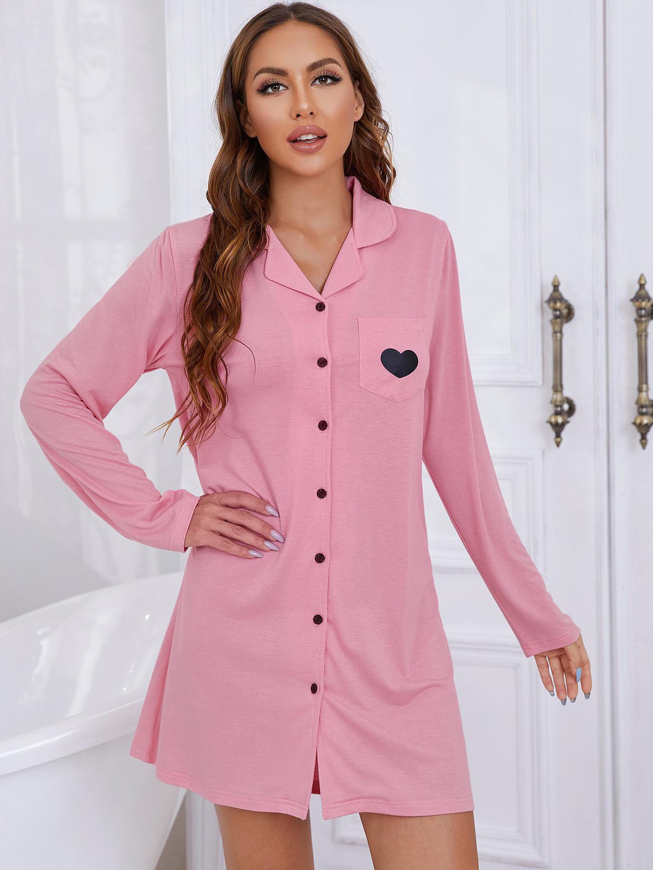 heart graphic lapel collar long sleeve night dress