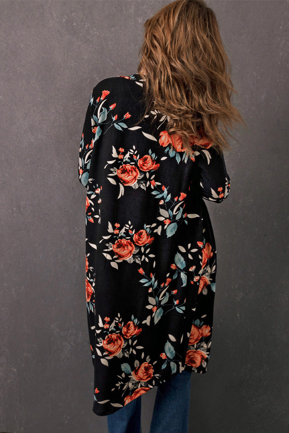 double take printed open front longline cardigan