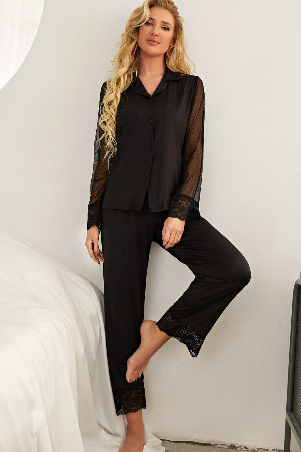 spliced lace lapel collar pajama set