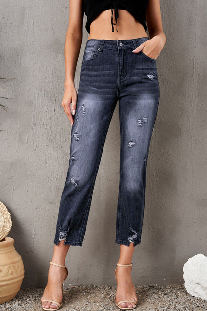 Baeful Distressed Hem Detail Cropped Jeans