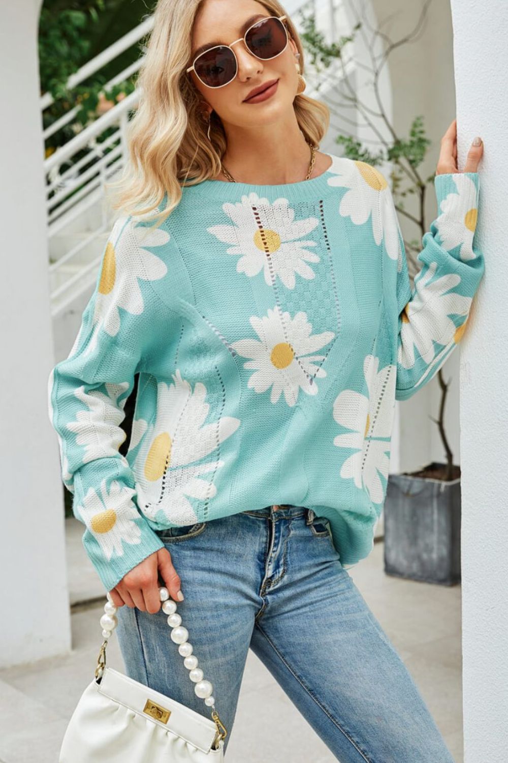 daisy print openwork round neck sweater