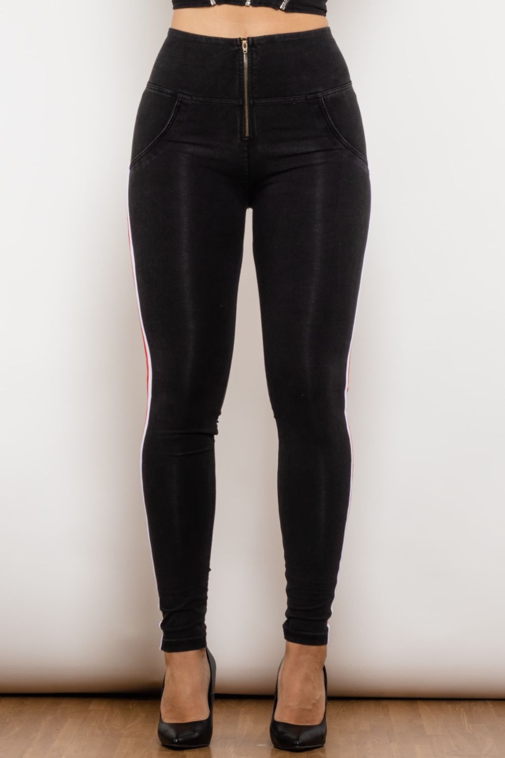 side stripe zip closure high waist jeans
