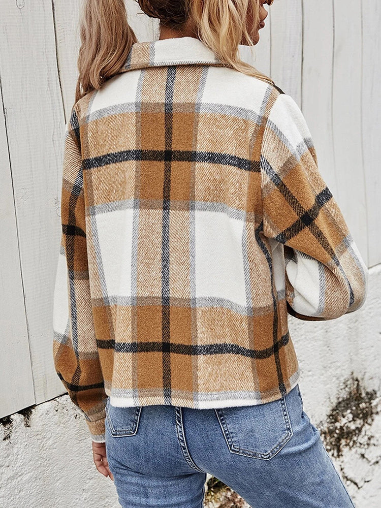 double take plaid collared neck jacket with breast pockets