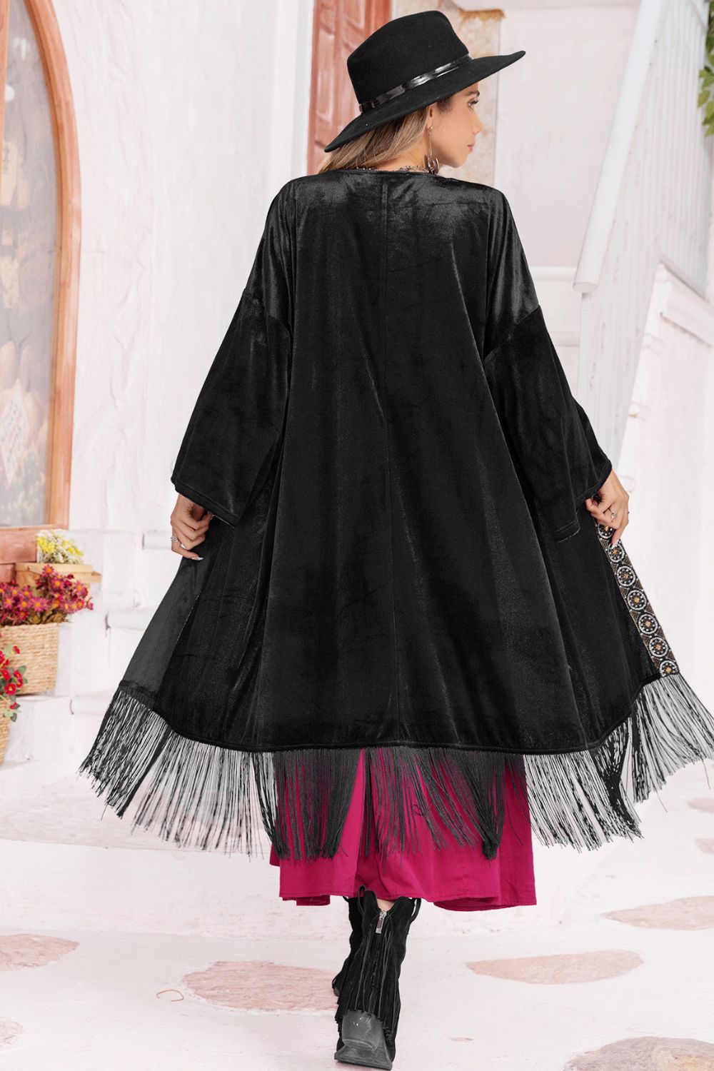 opne front fringe detail long sleeve cardigan