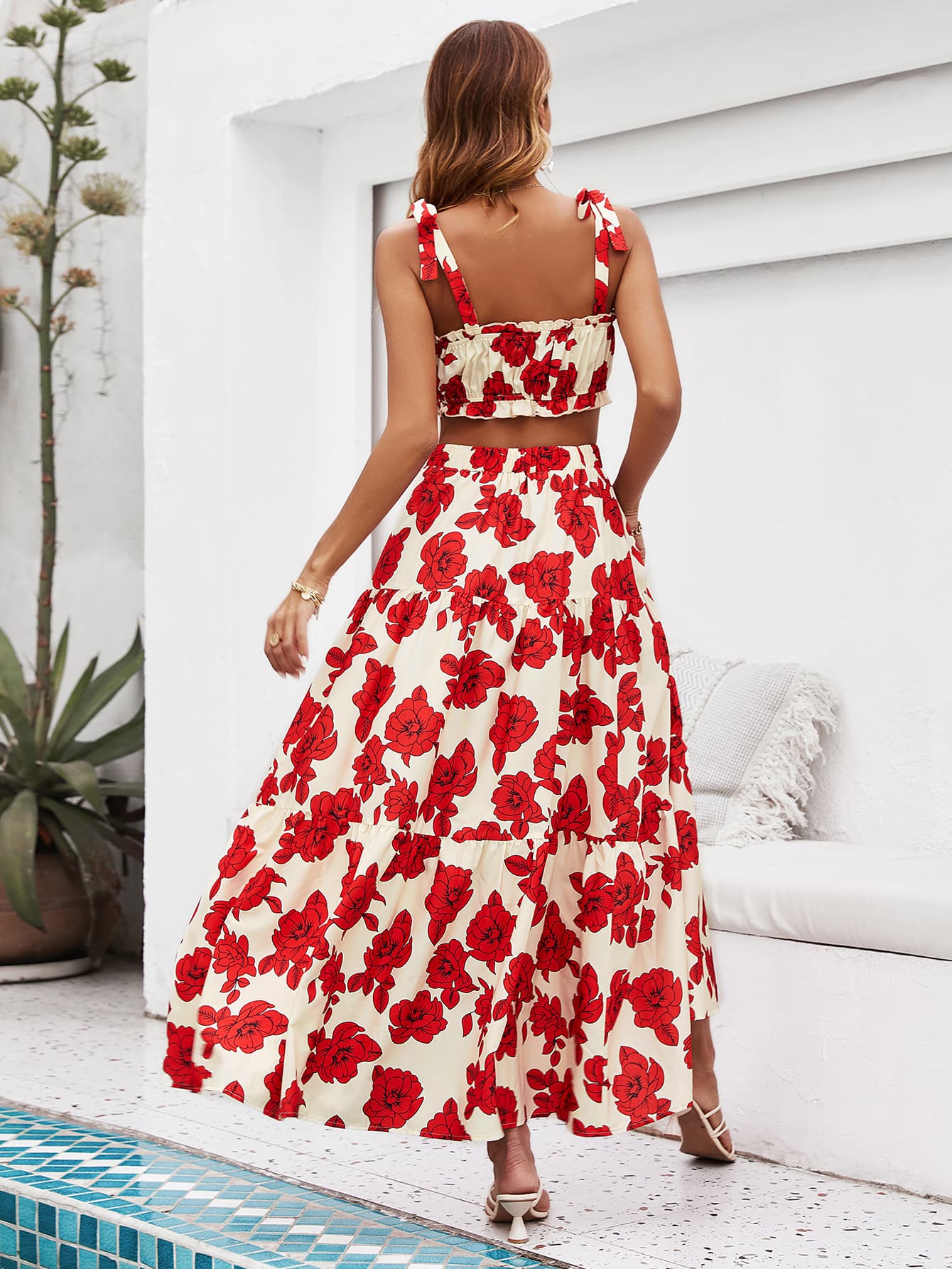 floral tie shoulder top and tiered maxi skirt set