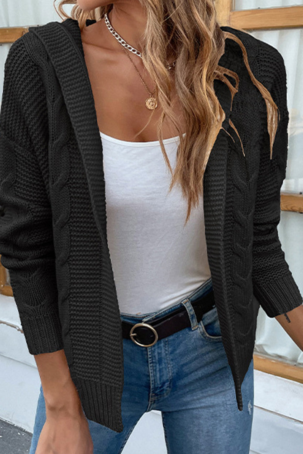 cable-knit dropped shoulder hooded cardigan