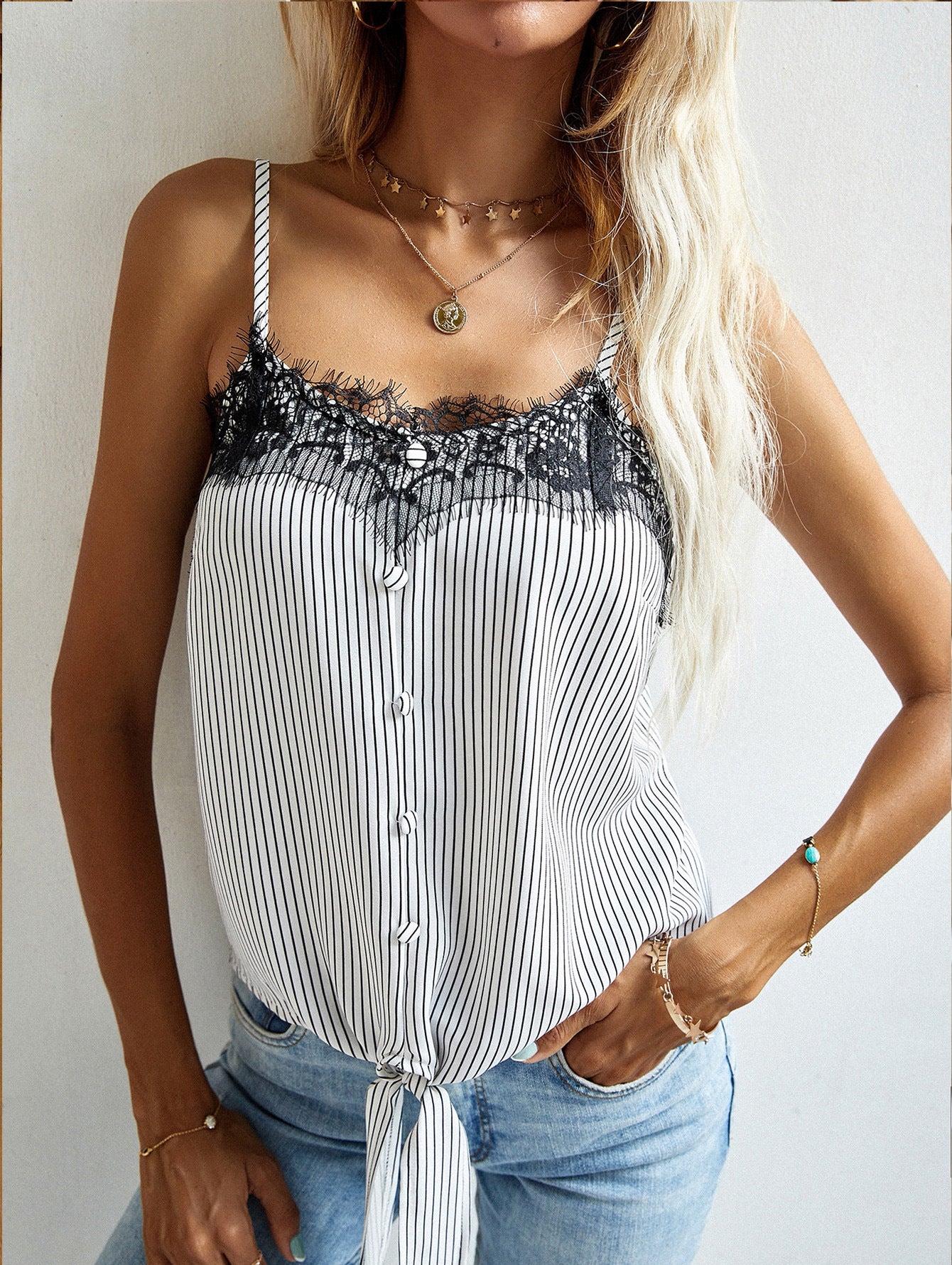 sweetheart neck lace detail tie front striped cami