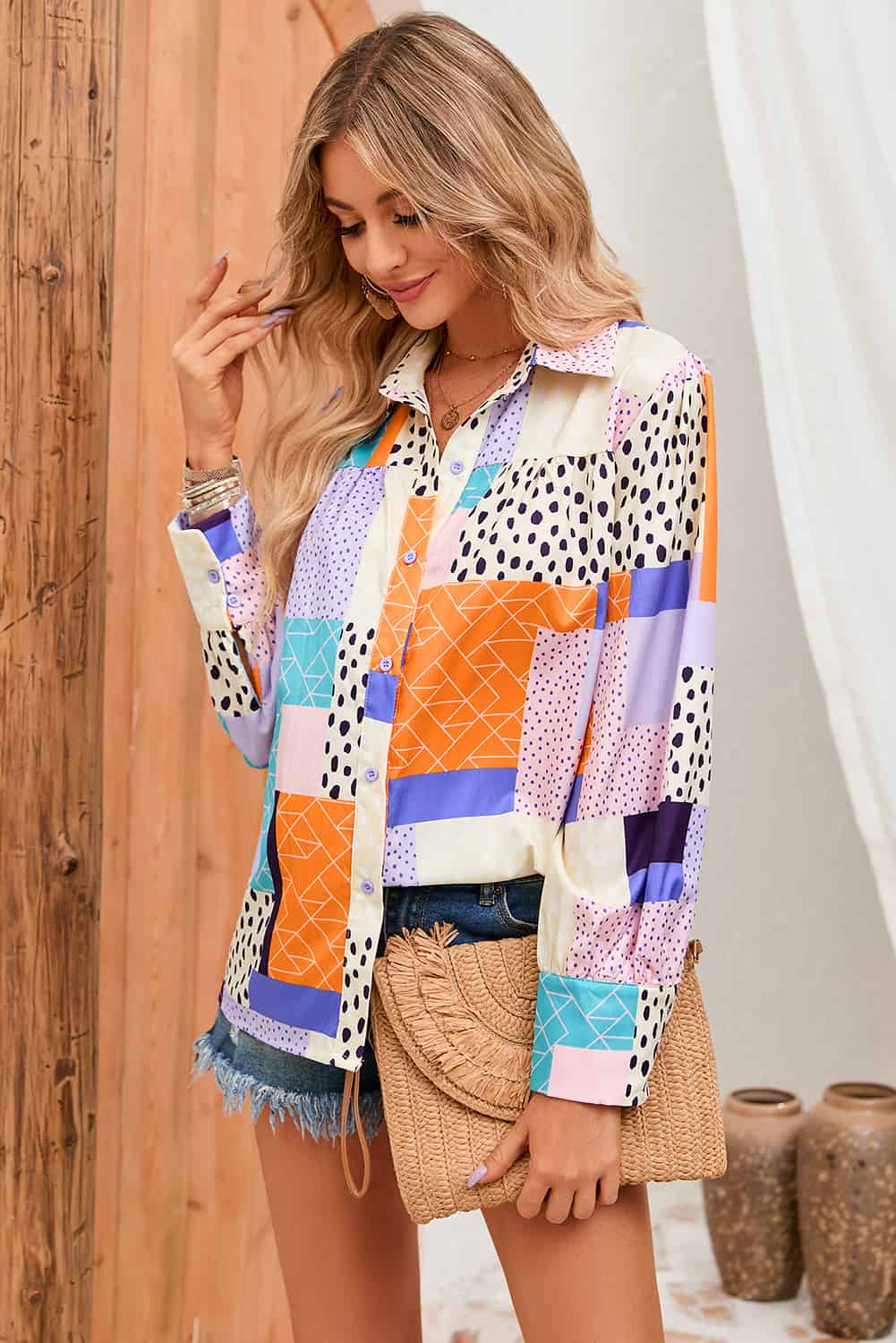 double take patchwork puff sleeve collared shirt