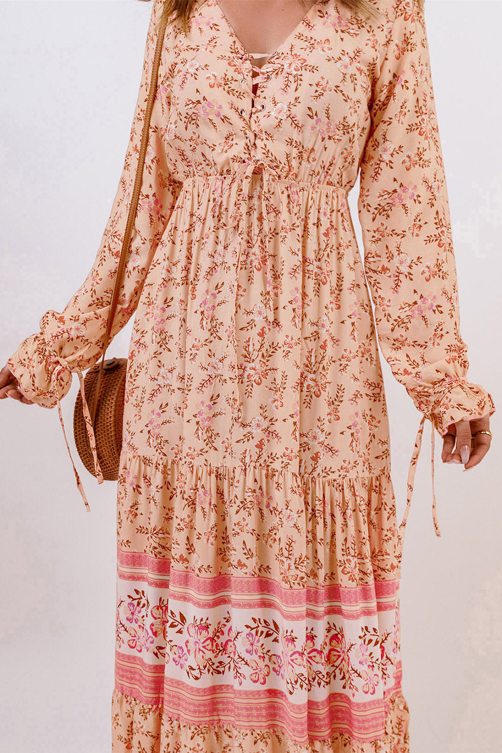 bohemian lace-up long sleeve maxi dress