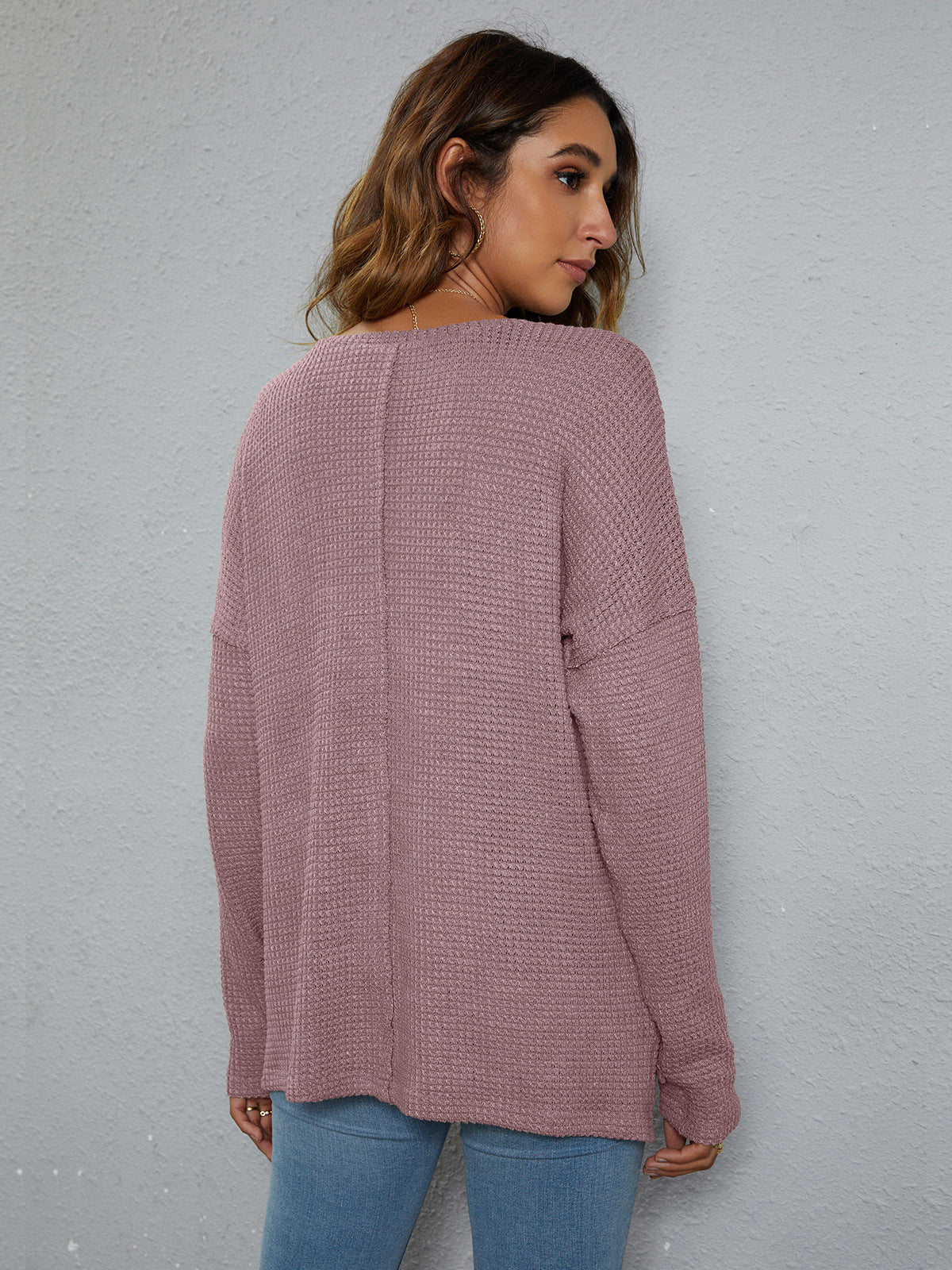 dropped shoulder high-low waffle-knit top