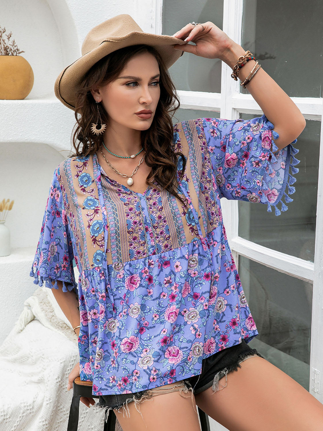 plus size printed v-neck half sleeve blouse