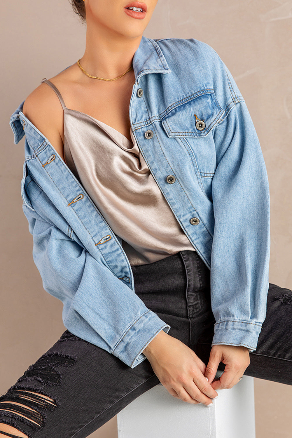 button down dropped shoulder denim jacket