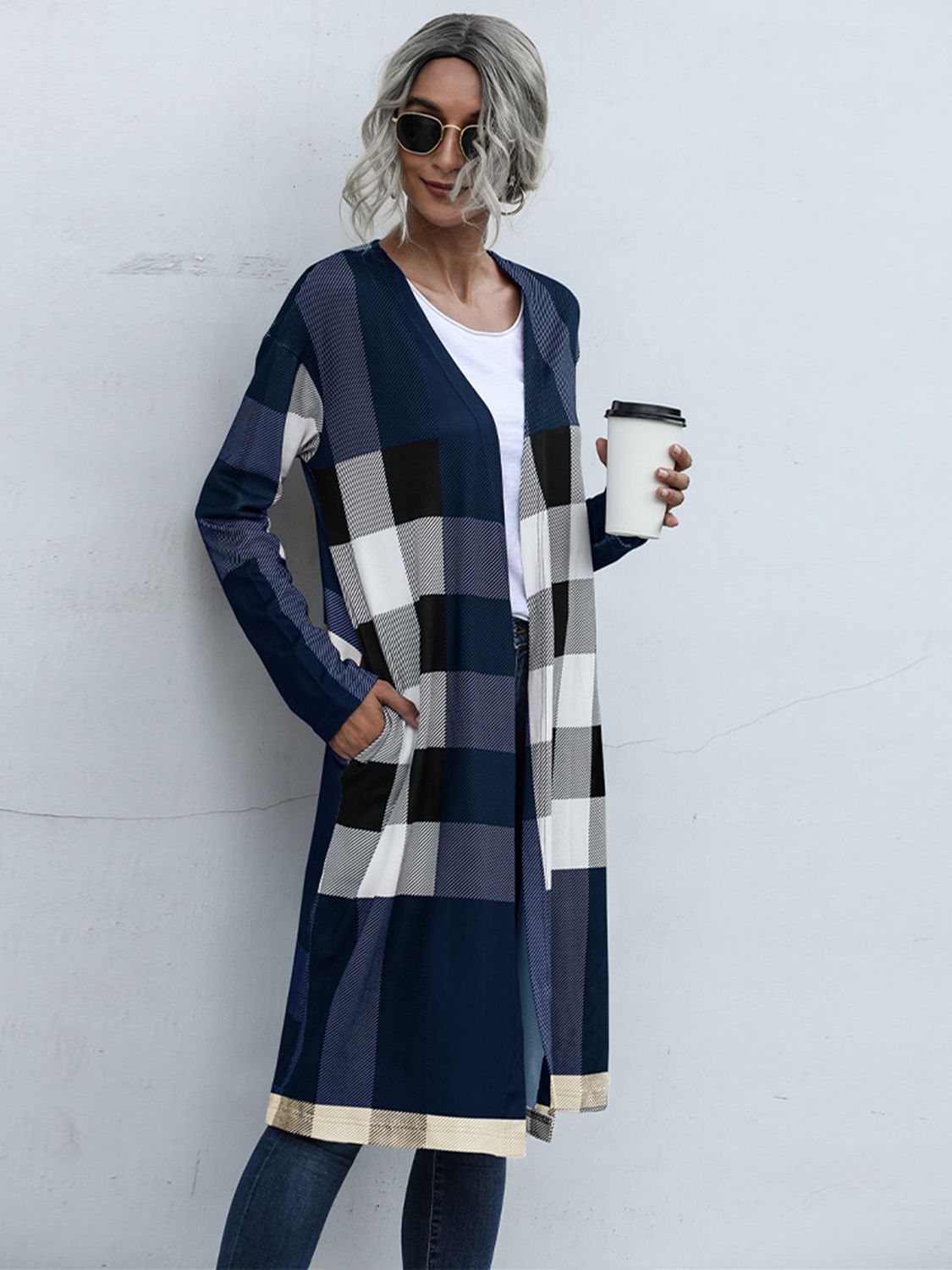 plaid open front longline cardigan