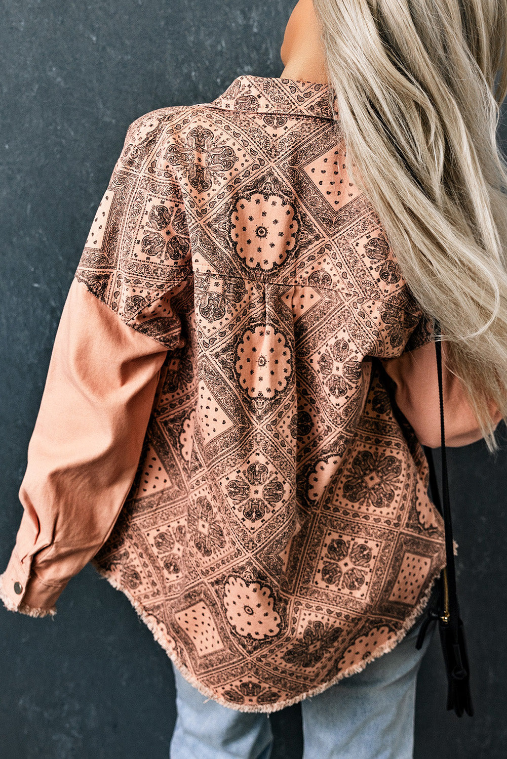 printed raw hem button down jacket with pockets