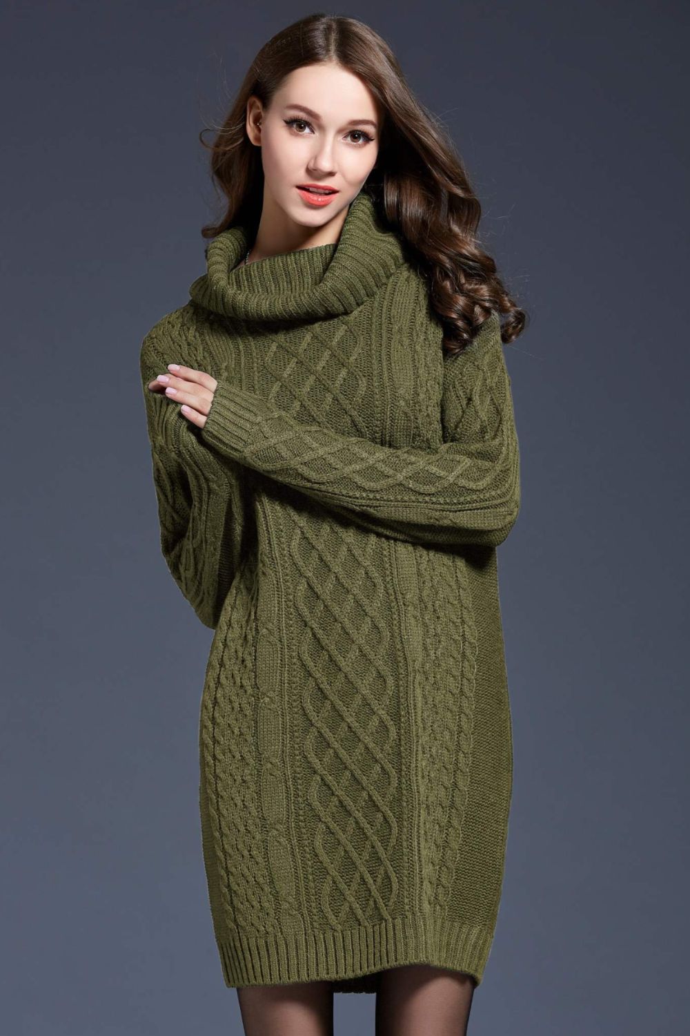 woven right full size mixed knit cowl neck dropped shoulder sweater dress