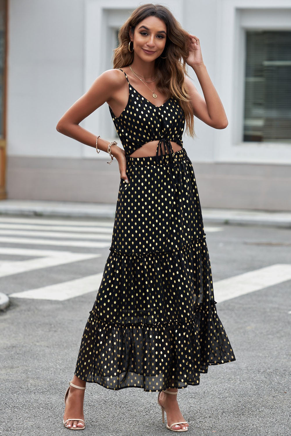 polka dot cutout spaghetti strap tiered maxi dress