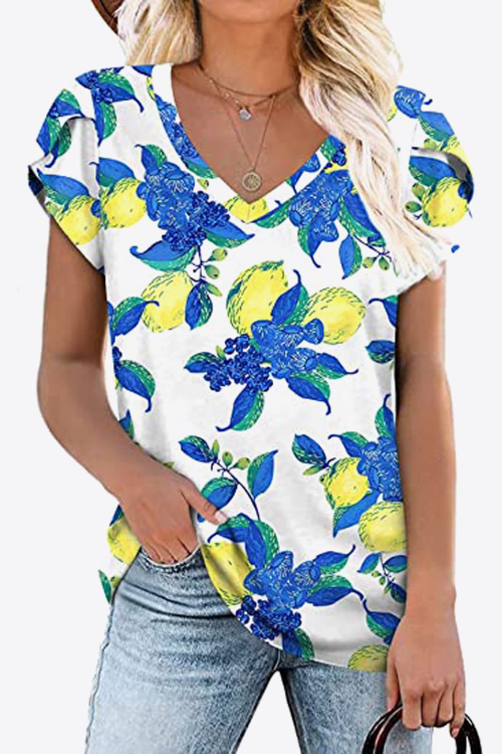 printed petal sleeve v-neck blouse