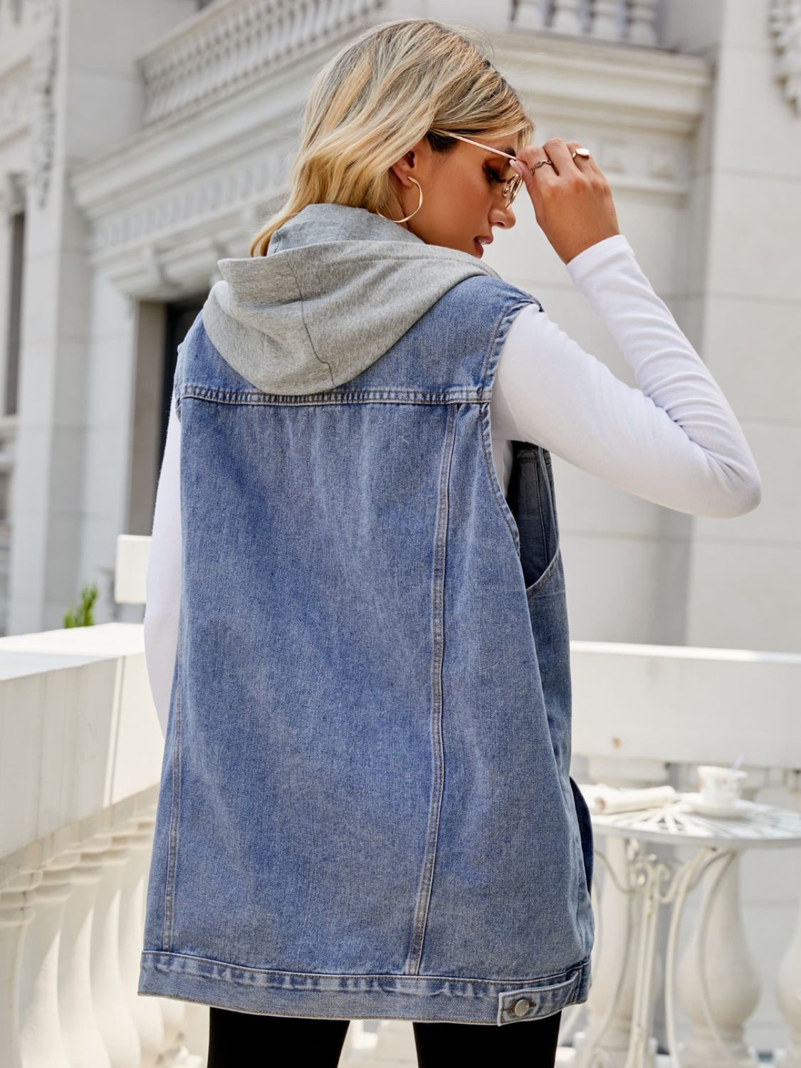 drawstring hooded sleeveless denim top with pockets