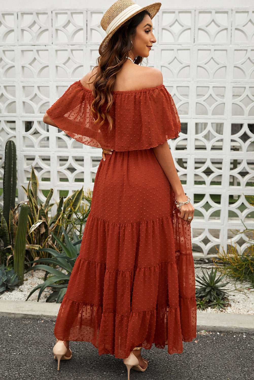 swiss dot off-shoulder tiered maxi dress