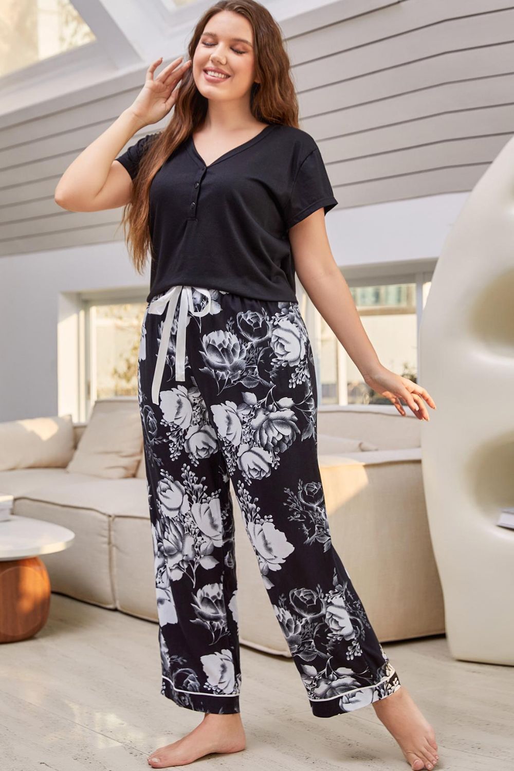 full size v-neck top and floral pants lounge set