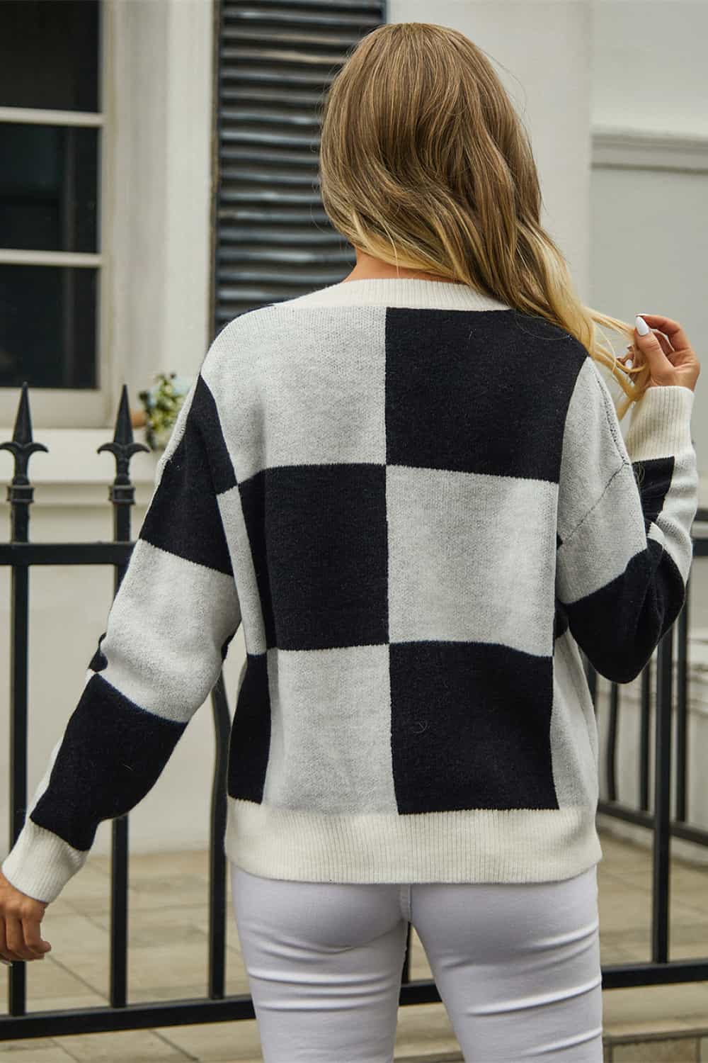 plaid v-neck dropped shoulder cardigan