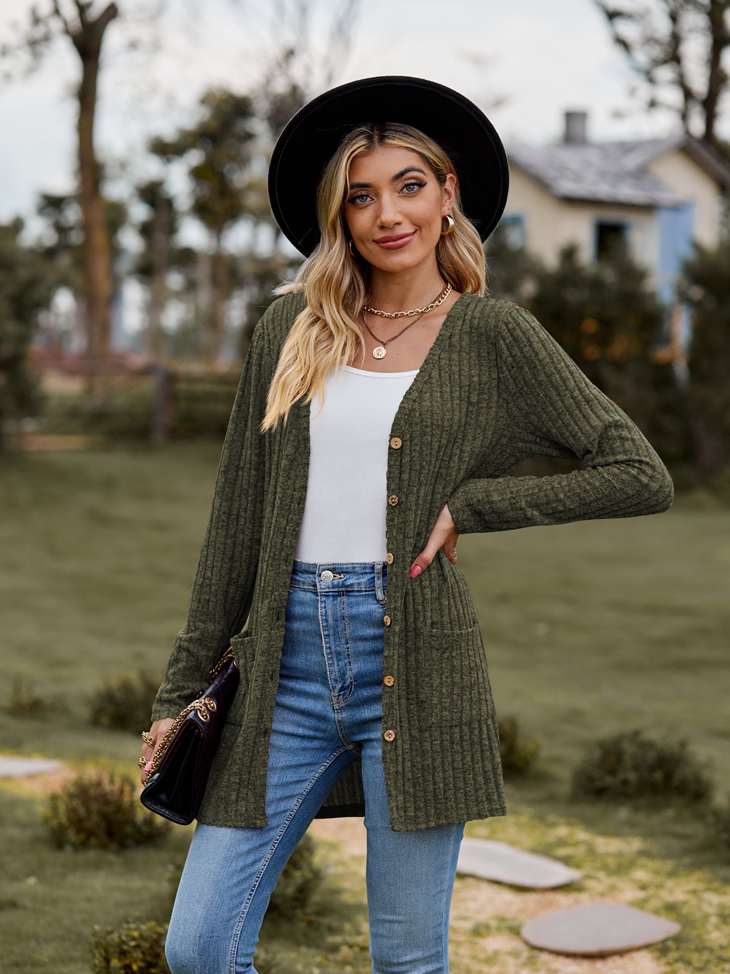 ribbed button-up cardigan with pockets