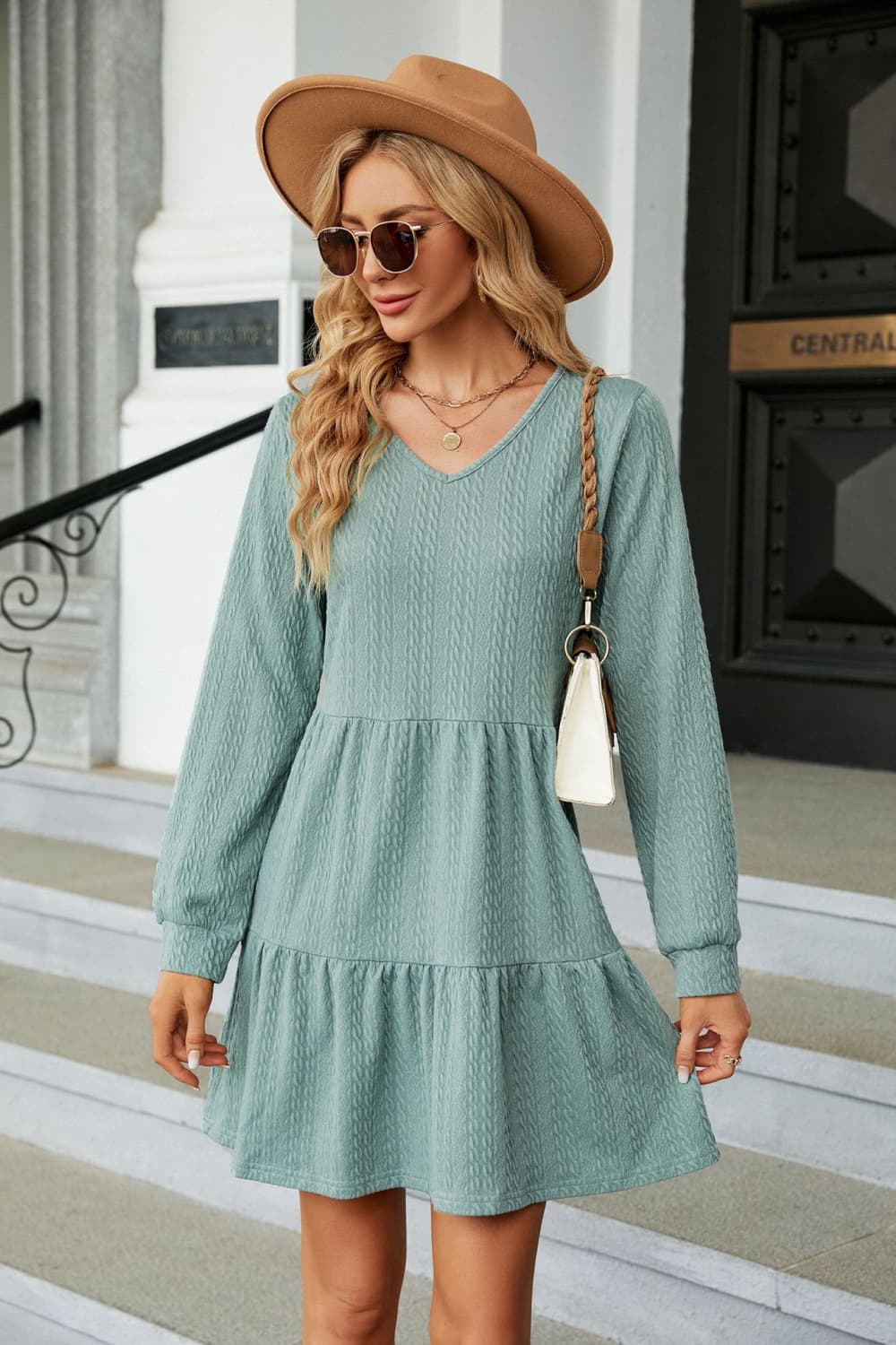 v-neck long sleeve mini dress