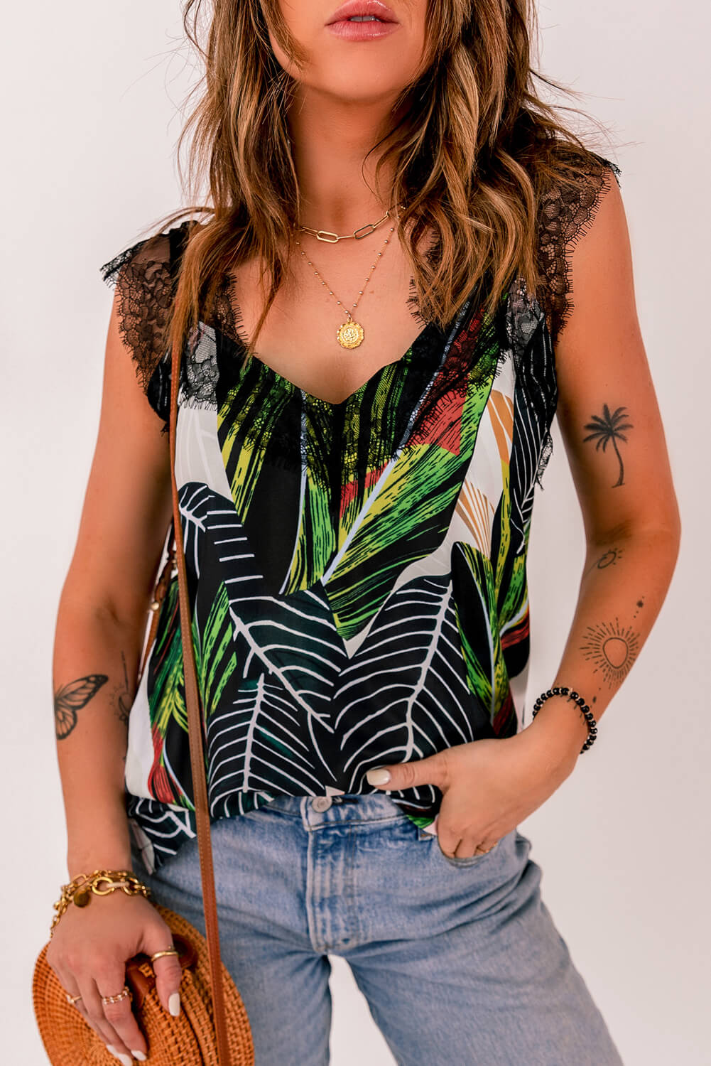 printed lace detail tank