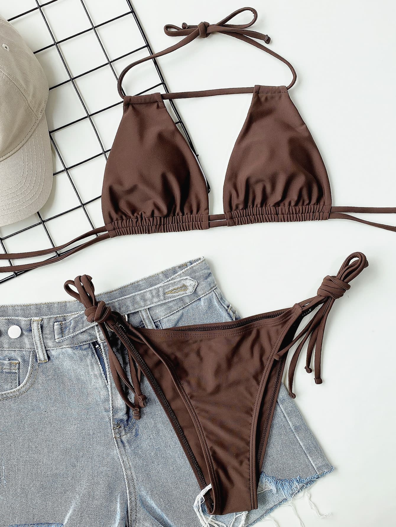 halter neck ruched bikini set