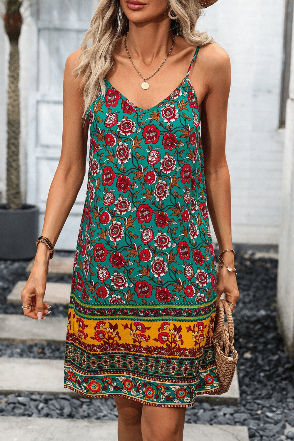 printed spaghetti strap v-neck dress