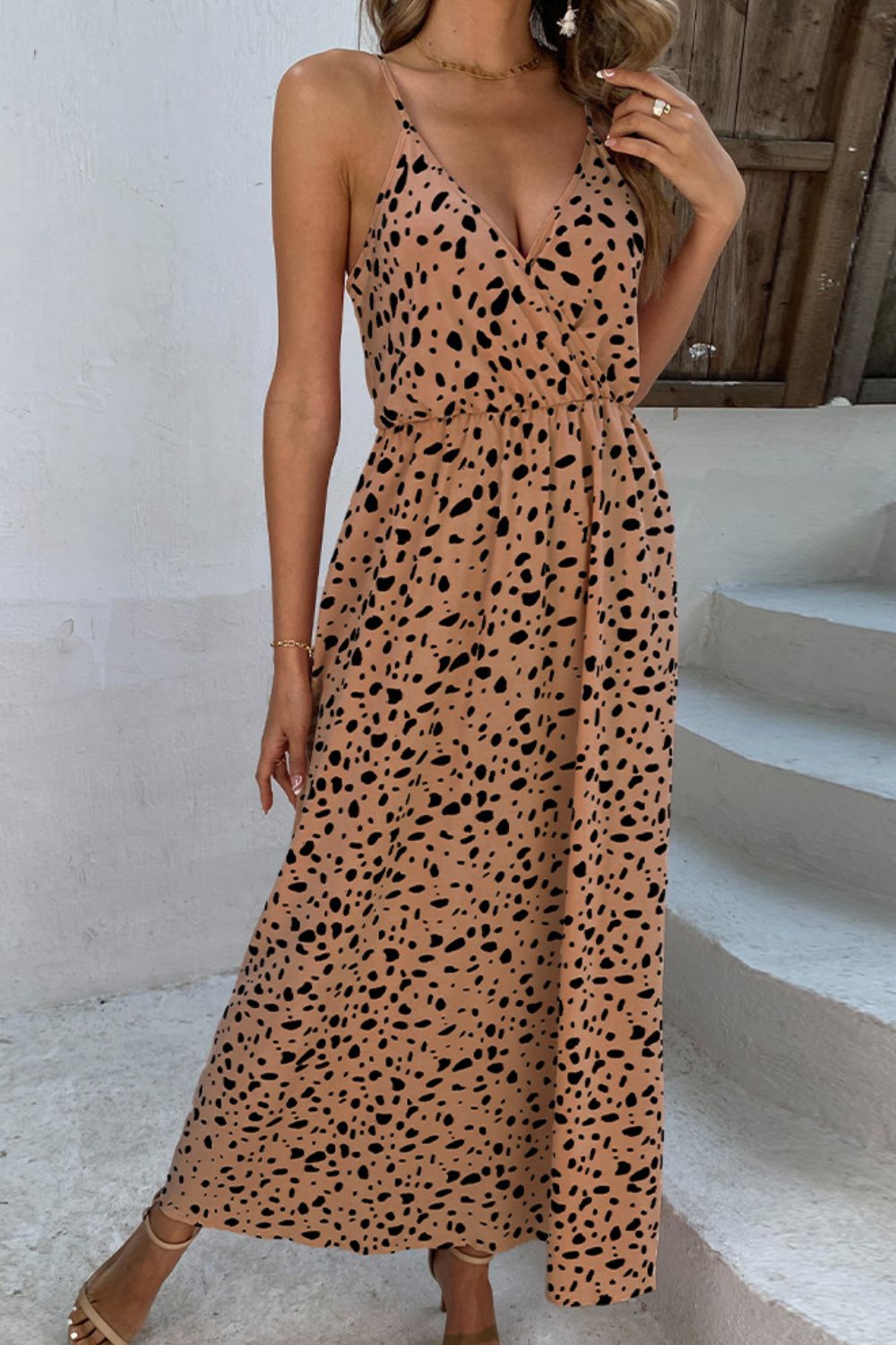 printed surplice adjustable spaghetti strap maxi dress