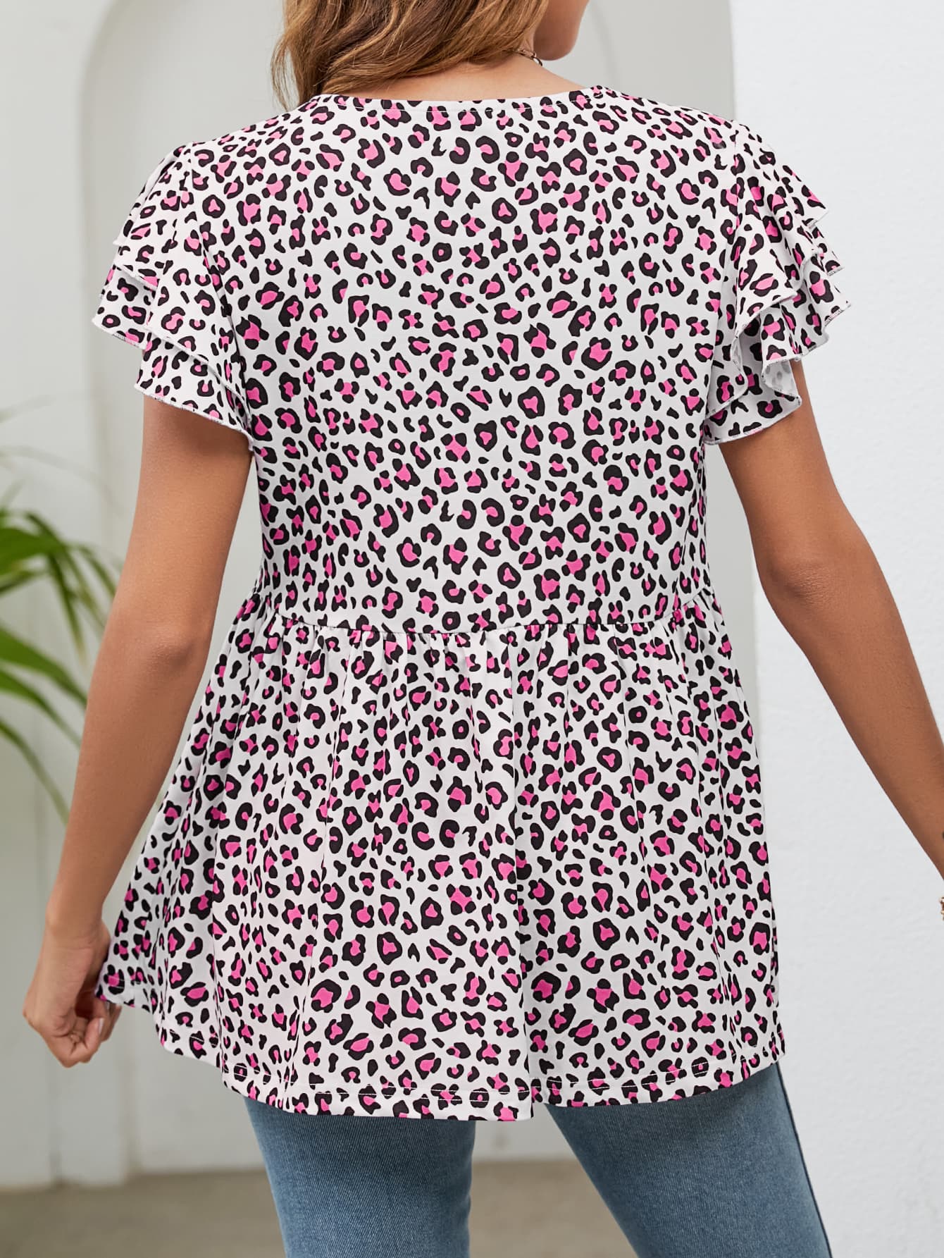 leopard round neck flutter sleeve babydoll blouse