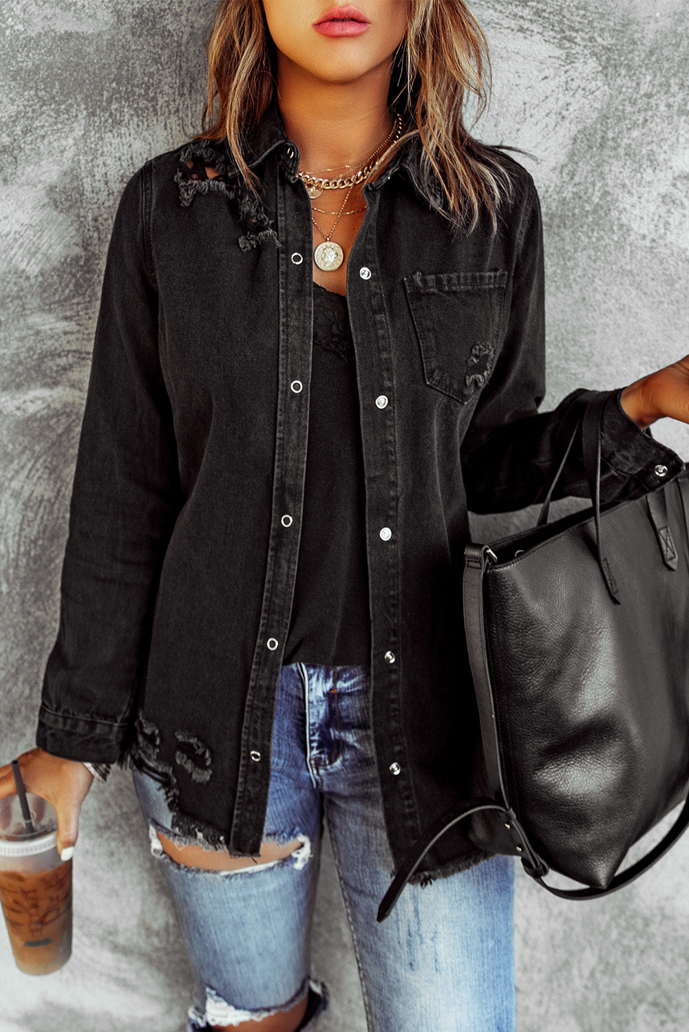 distressed snap down denim jacket