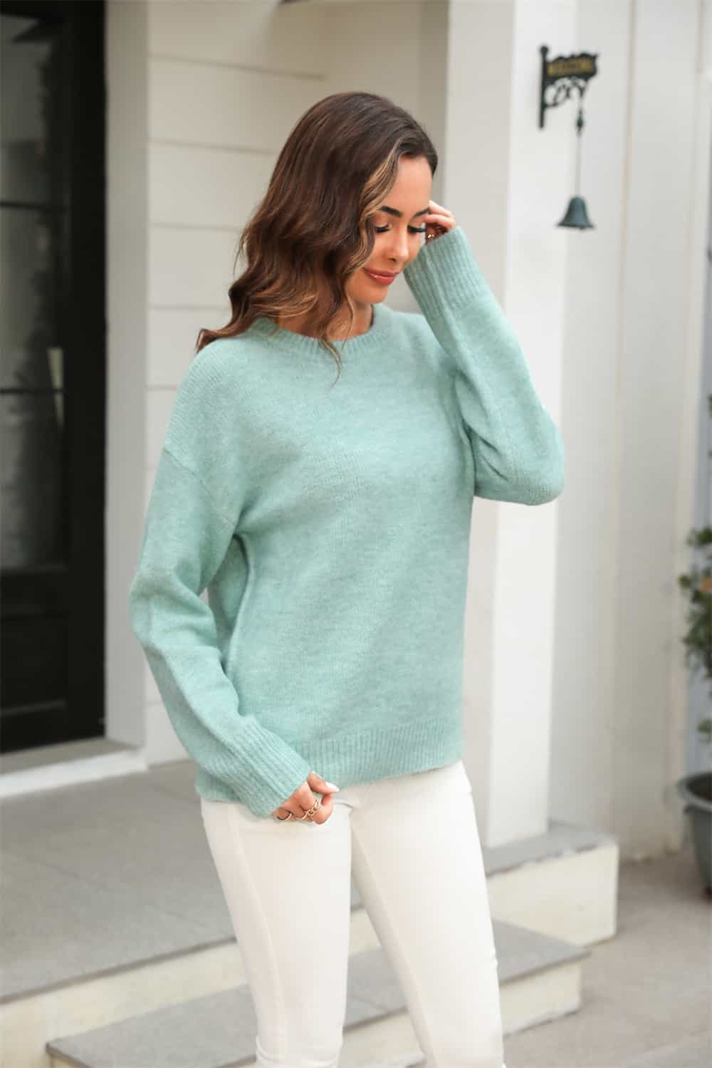 round neck ribbed long sleeve sweater