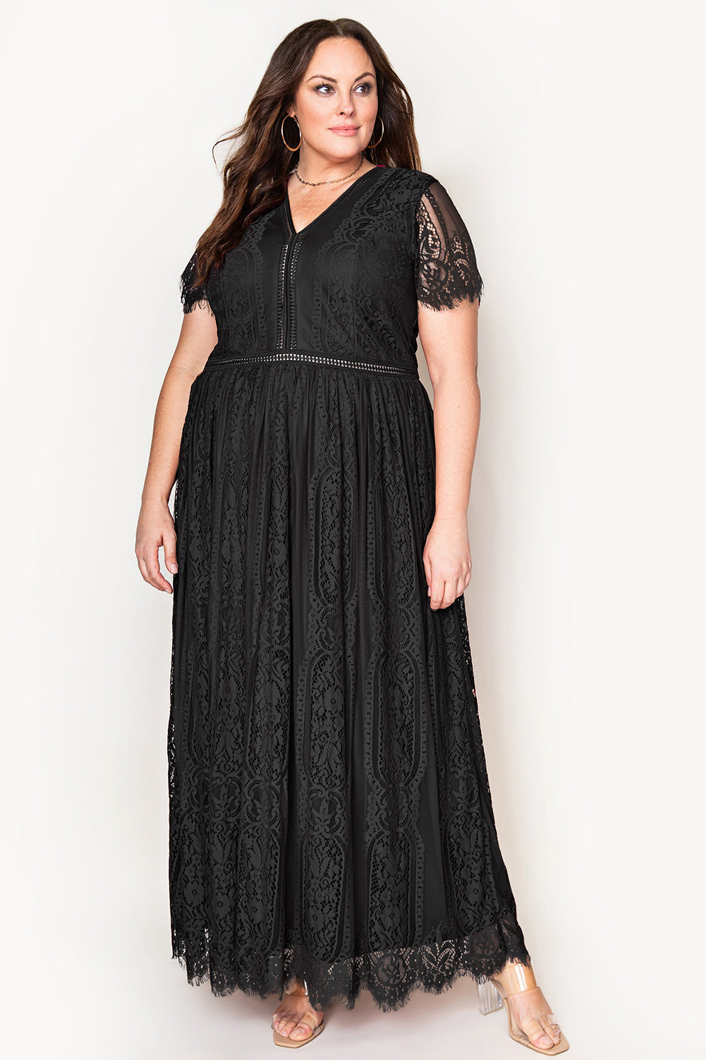 v-neck short sleeve lace maxi dress