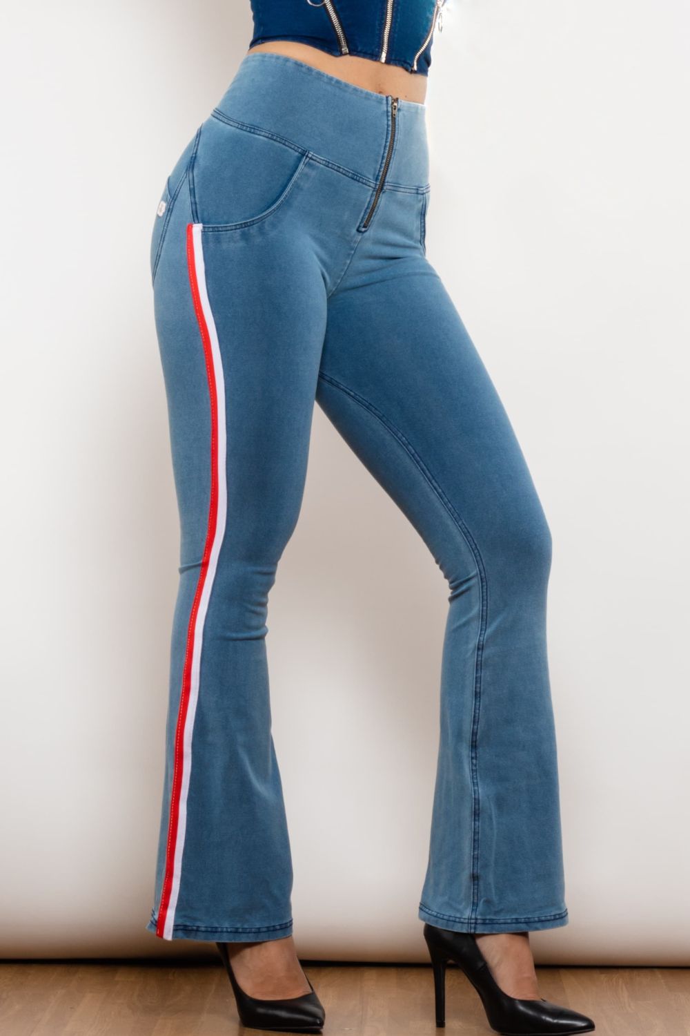 side stripe zip closure bootcut jeans