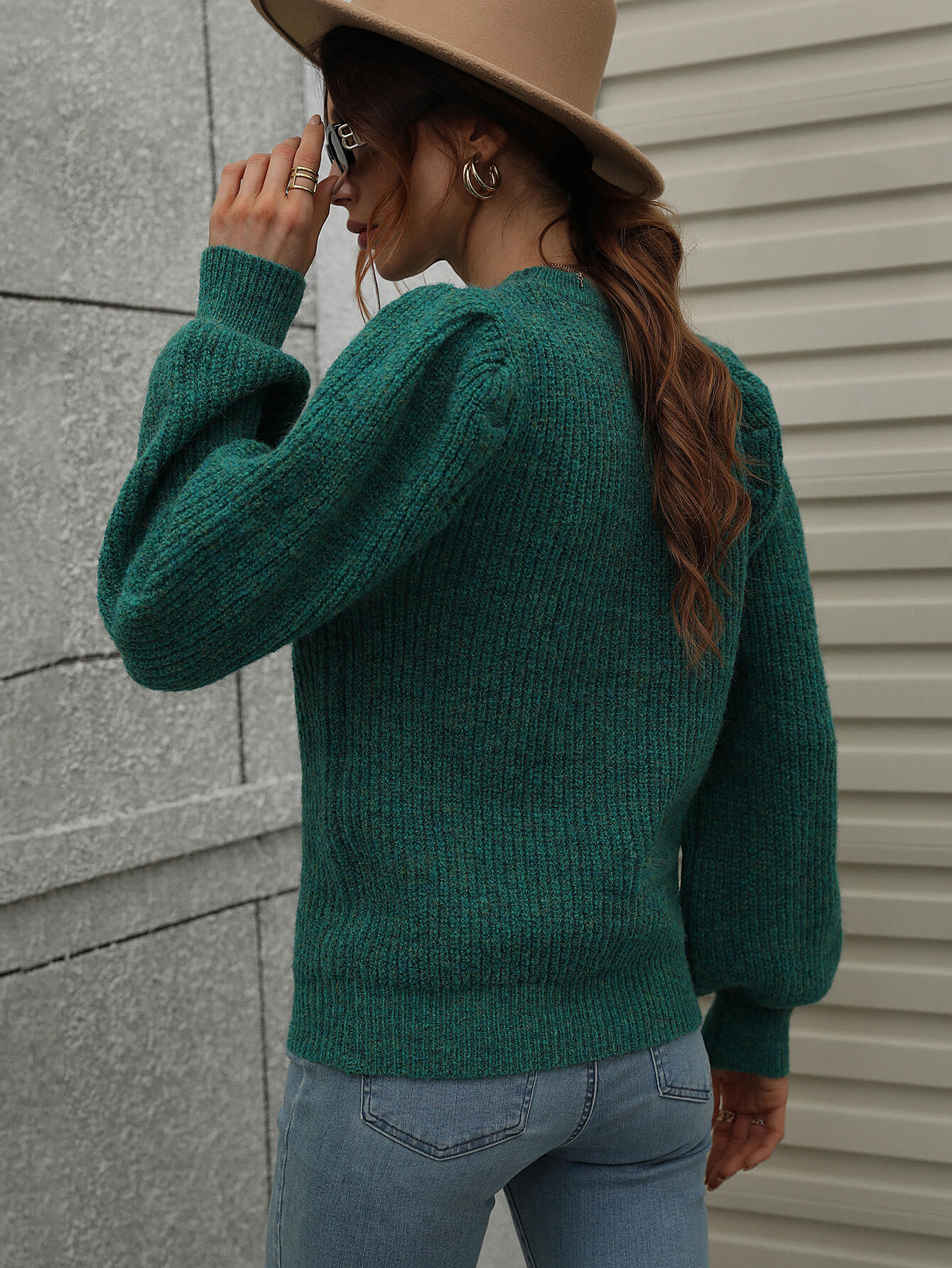 woven right heathered long lantern sleeve rib-knit sweater