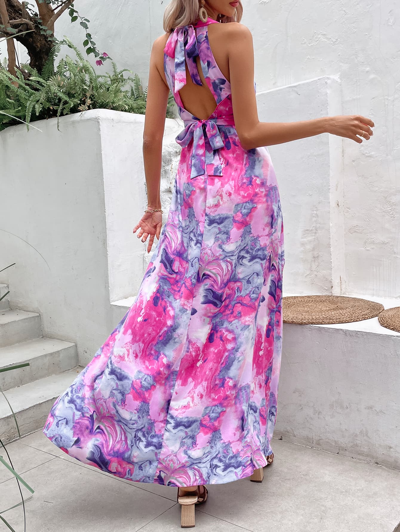 printed open back slit sleeveless dress