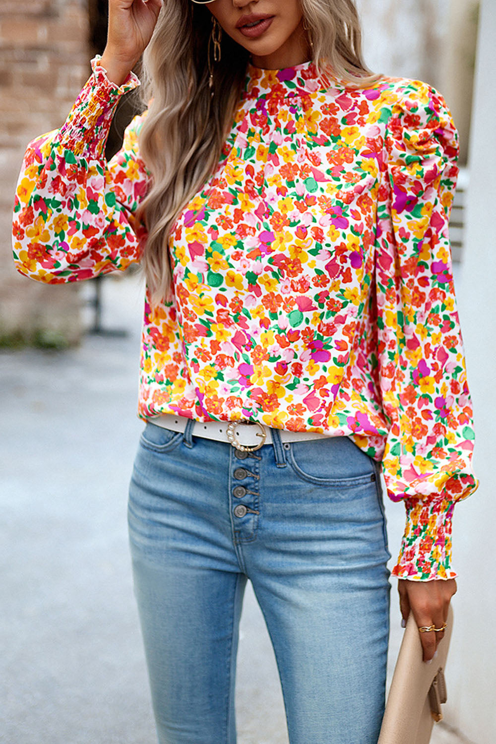 printed smocked puff sleeve blouse