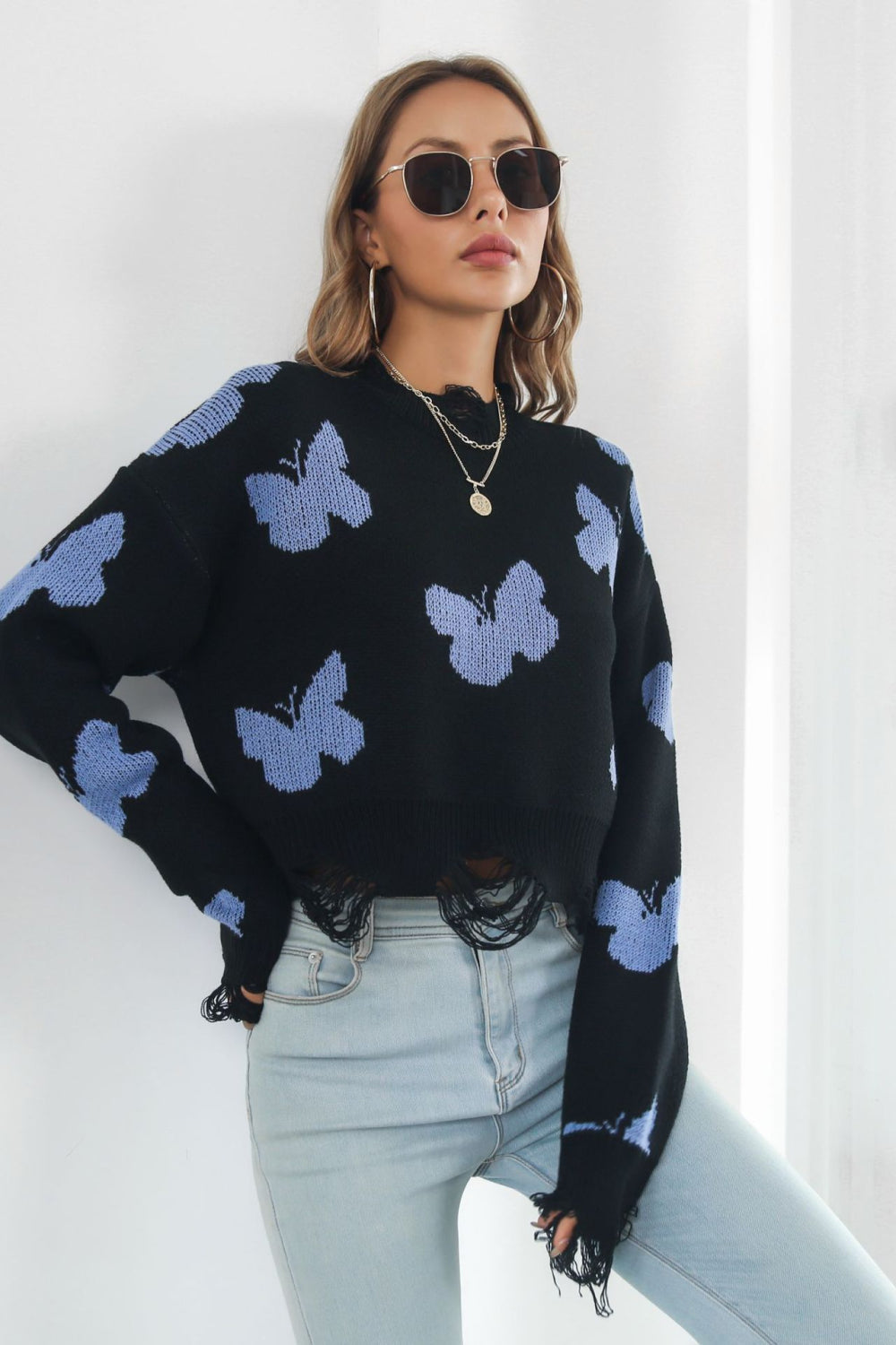 printed round neck ribbed long sleeve sweater