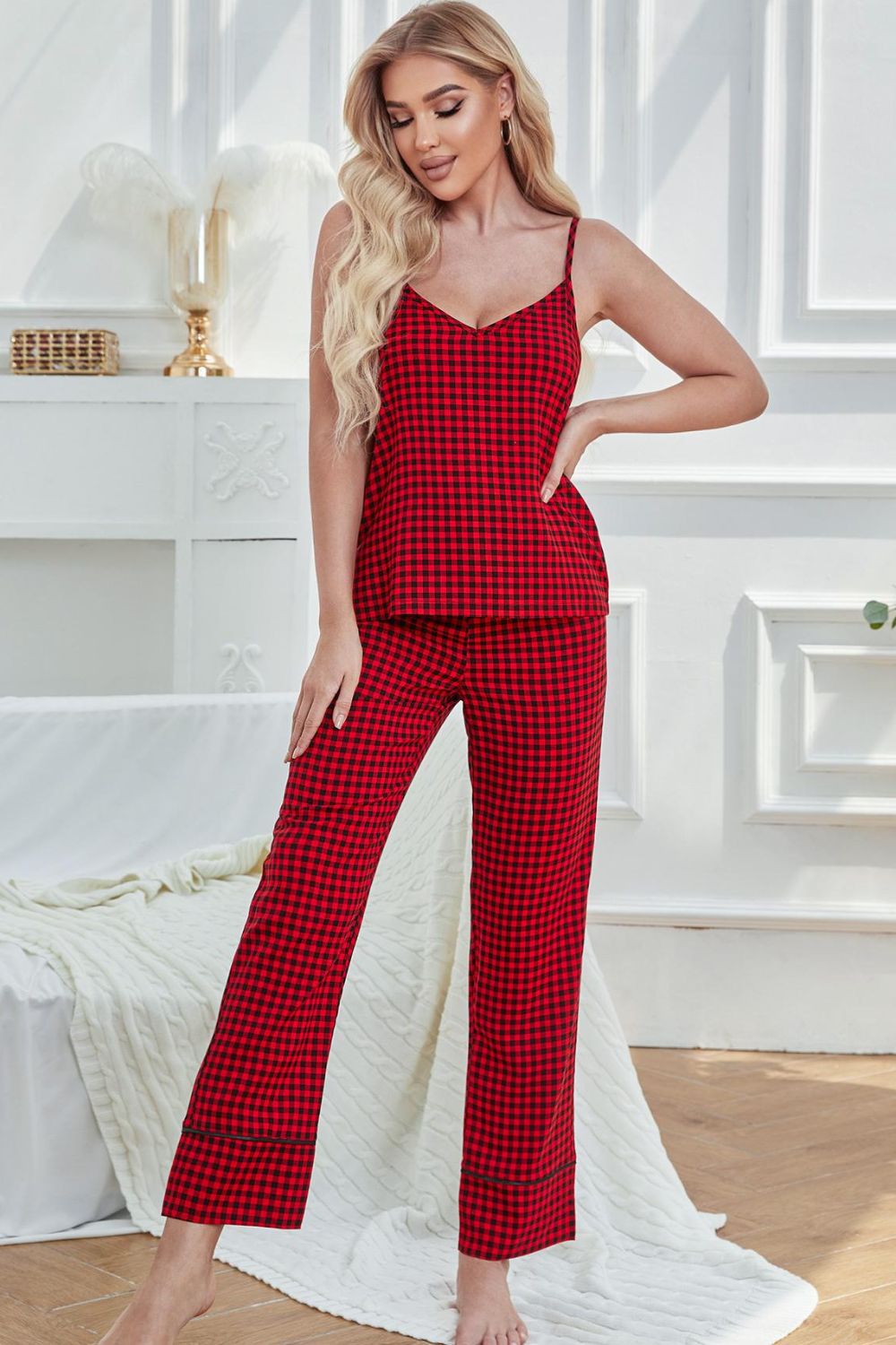 gingham v-neck cami and tied pants lounge set