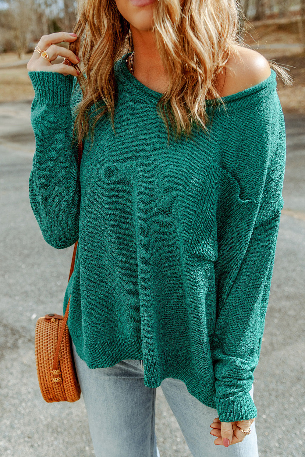 dropped shoulder boat neck sweater pullover with pocket