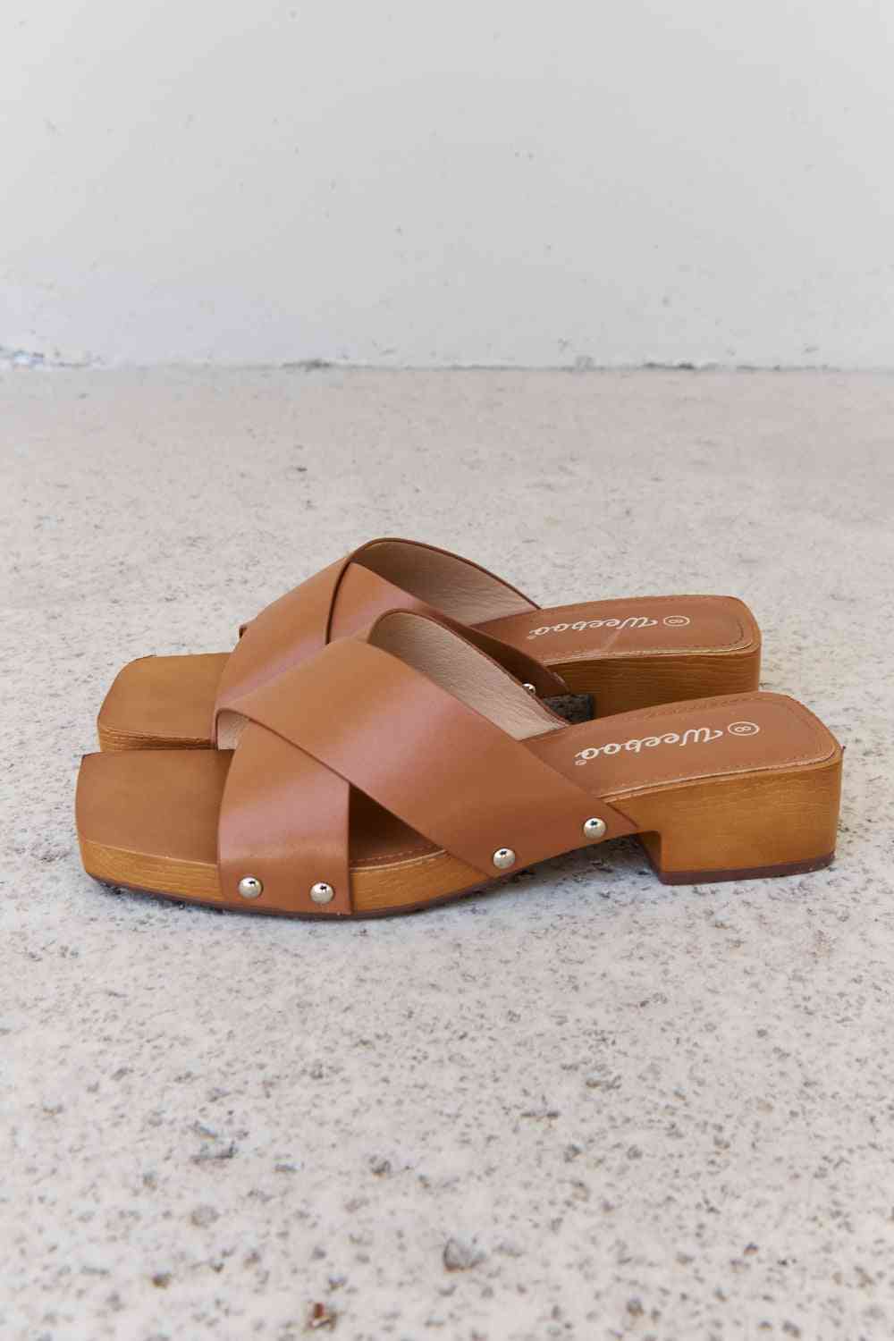 weeboo step into summer criss cross wooden clog mule in brown